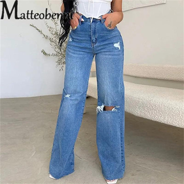 Fashion High Waist Street Versatile Jeans Women's Straight Wide Leg Denim Pants Female Daily Casual Basic Broken Holes Trousers-THAT FASHION STORE