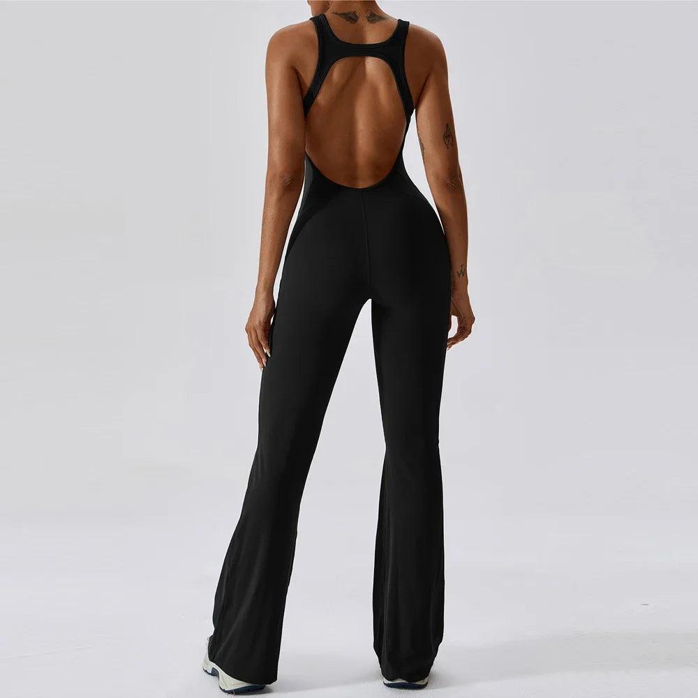 Fashion Hollow Backless Long Sport Flare Jumpsuits Women One Piece Fitness Overalls Black Brown Dance Jump Suit Women Gym Set-THAT FASHION STORE