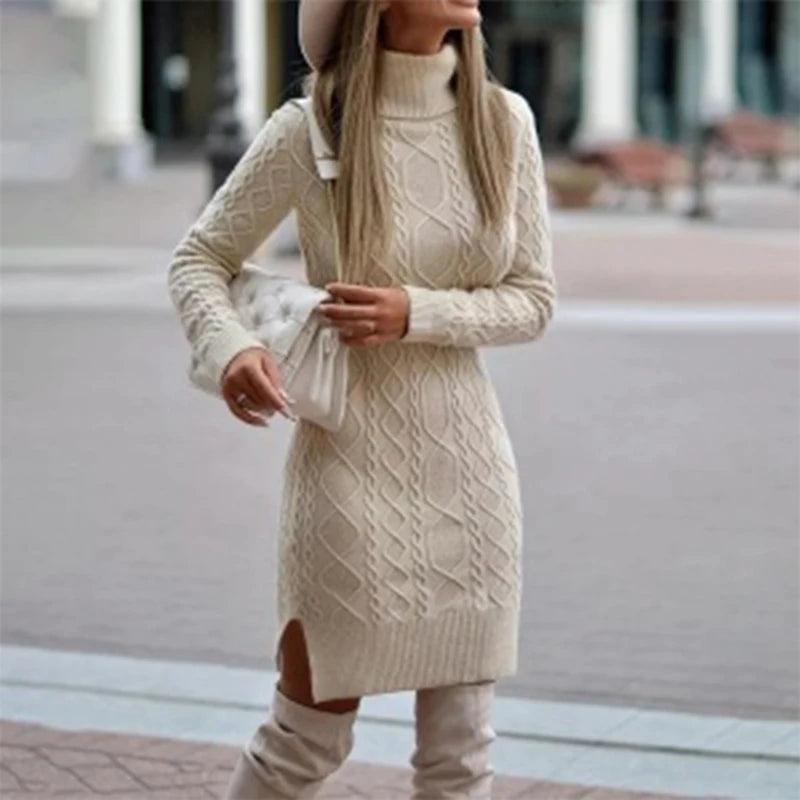 Warm Knitted Dresses Women High Neck Slim Solid Wool Mini Dresses Fashion Ladies Basic Long Sleeve Winter Autumn Warm Dresses-THAT FASHION STORE