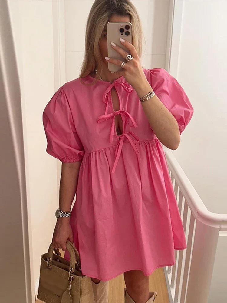 Leopard Print Bow Lace Up Dress Women Loose Hollow Out Short Lantern Sleeve Female Dresses 2024 Summer Fashion Lady Robe-THAT FASHION STORE