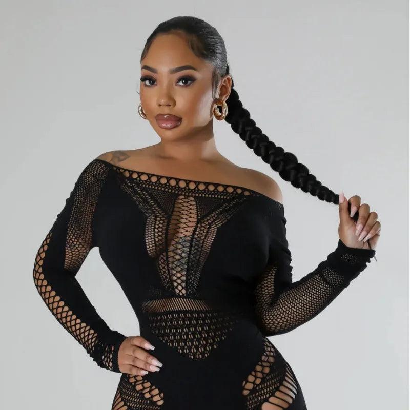 Sexy See Through Women Rompers Solid Long Sleeve Playsuits 2024 Summer Outfits Hollow Out Night Club Party One Piece Overalls-THAT FASHION STORE