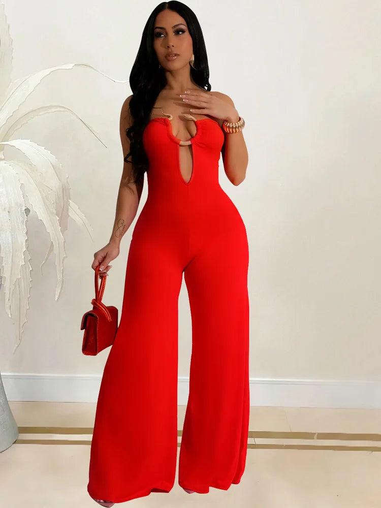 Beyprern Fashion Off Shoulder Snake Metal Jumpsuits One Piece Outfits Beautiful Strapless Hollow Out Wide Leg Rompers Overalls-THAT FASHION STORE