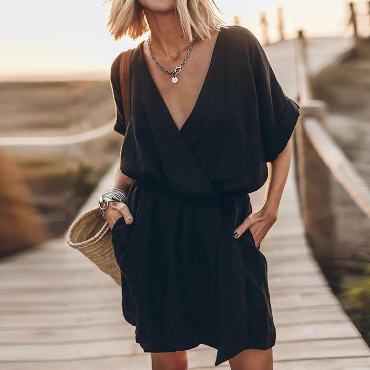 Cotton Linen Beach A-Line Dress Women Elegant V-neck Lace-up Solid Mini Dress Causal Short Sleeves Pocket Pleated Party Dresses-THAT FASHION STORE