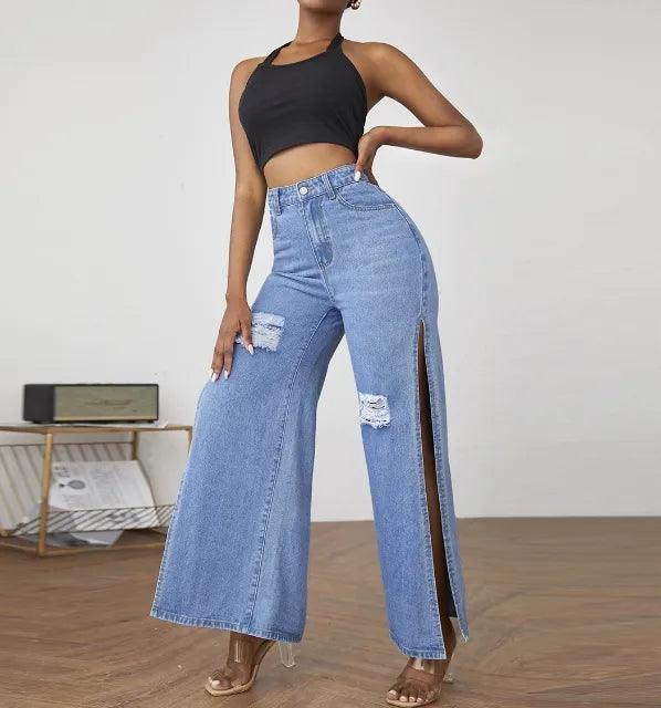 Women's Jeans 2023 Spring Fashion Ripped Side Slit Casual High Waist Pocket Design Daily Wide Leg Jeans Y2K Streetwear-THAT FASHION STORE