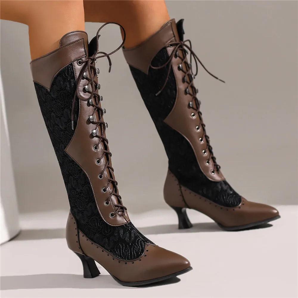 Women Victorian Pointed Toe Mid-Calf Boots Leather Lace Hollow Out Punk Lace Up Strange Steampunk High Heel Shoes Plus Size32-43-THAT FASHION STORE