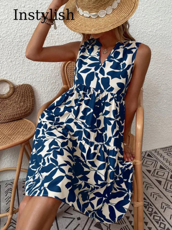 Women Boho Print Mini Dress Summer Elegant Sleeveless V Neck Ruffle A Line Tank Dress Casual Loose Oversize Beach Party Sundress-THAT FASHION STORE