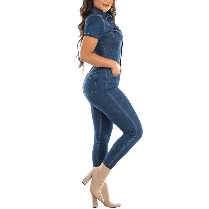 2023 Fashion Jeans Demin Jumpsuit Women Tight Fitting Short Sleeve Denim Romper Skinny Trouser Single Breasted Bodysuit Overalls-THAT FASHION STORE