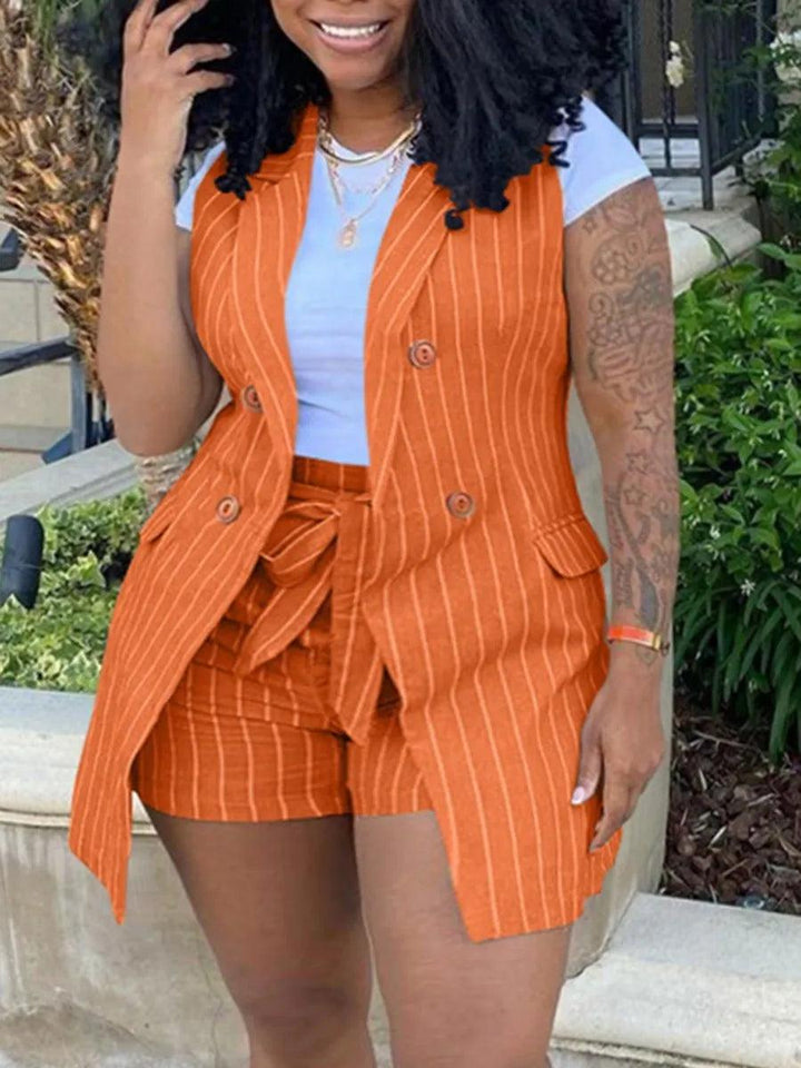 LW Plus Size Woman Clothes Office Lady Two-Piece Striped Bandage Design Small Suit Vest Jacket + Shorts Set (Without T-shirt)-THAT FASHION STORE