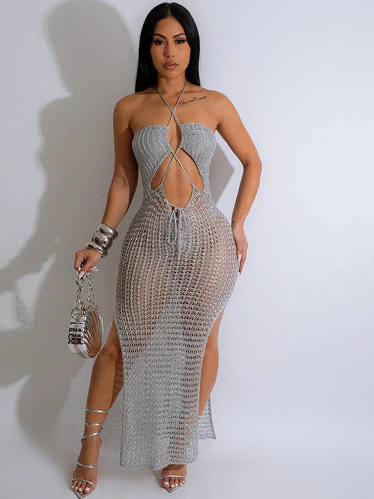 Beyprern Beautiful Hollow Out Halter Neck Metallic Beach Cover-Up Dress Summer Women See-Through Lace-Up Vacation Dress Swimwear-THAT FASHION STORE