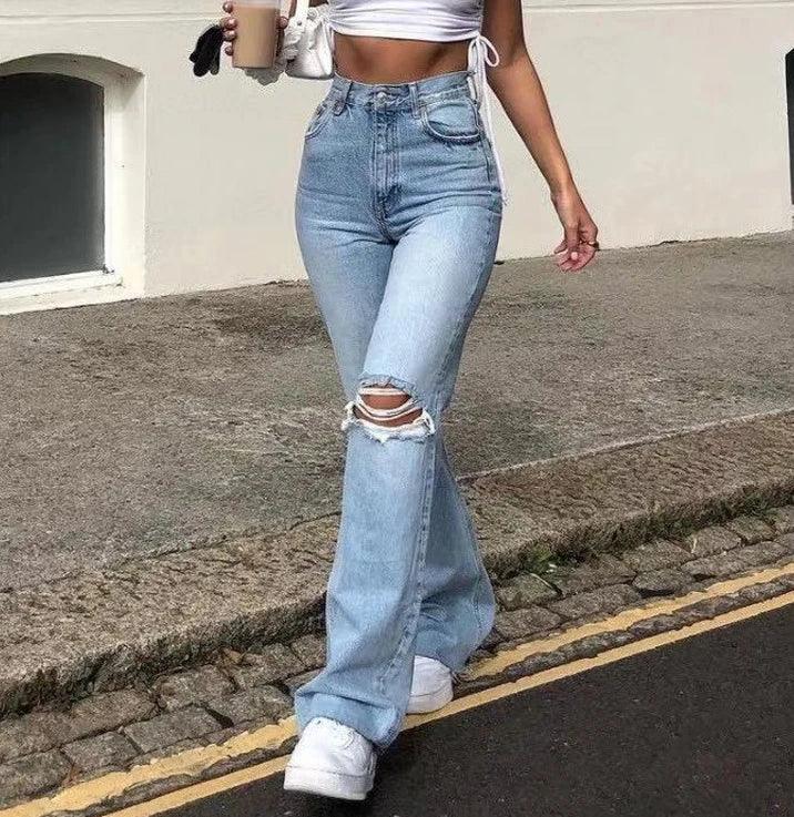 Women's Fashion Ripped High Waist Straight Flare Jeans Street Trendy Person Women Temperament Long Denim Pants-THAT FASHION STORE