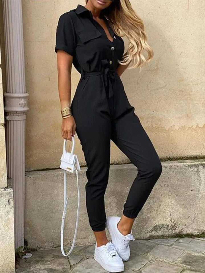 Summer Women's New Fashion Flip Collar Button Print Belt Lace Up Work Dress Casual Capris Jumpsuit Office-THAT FASHION STORE