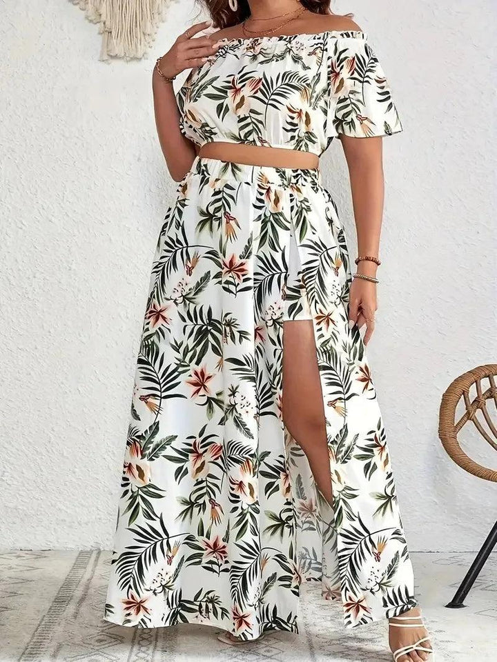 GIBSIE Plus Size Women's Bohemian Tropical Print Off-Shoulder Crop Top and High Split Long Skirts 2 Piece Sets Women Outfit New-THAT FASHION STORE