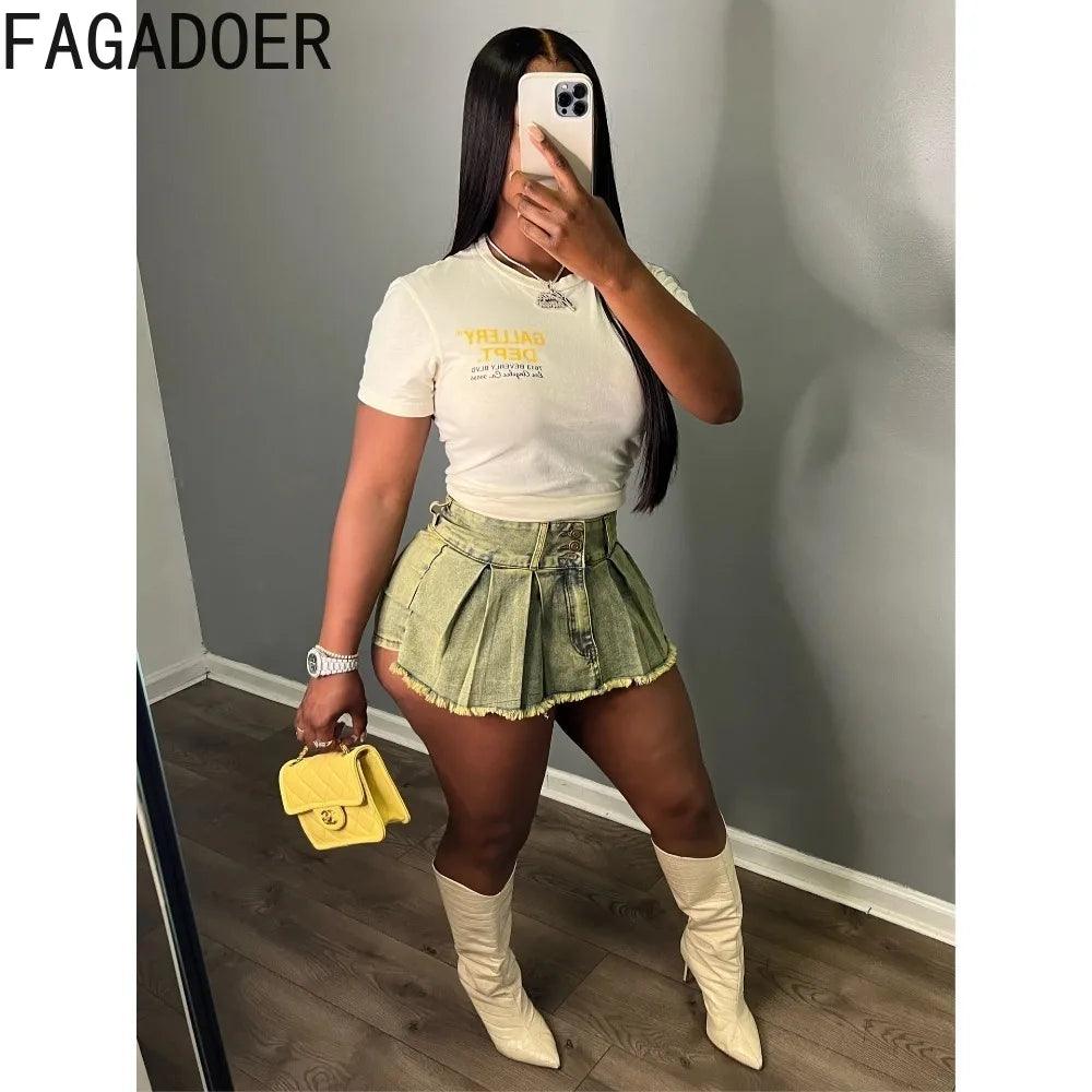 FAGADOER Fashion Y2K Cute Pleated Denim Skirts Women High Waisted Button Mini Shorts Skirts Summer New Retro Matching Bottoms-THAT FASHION STORE