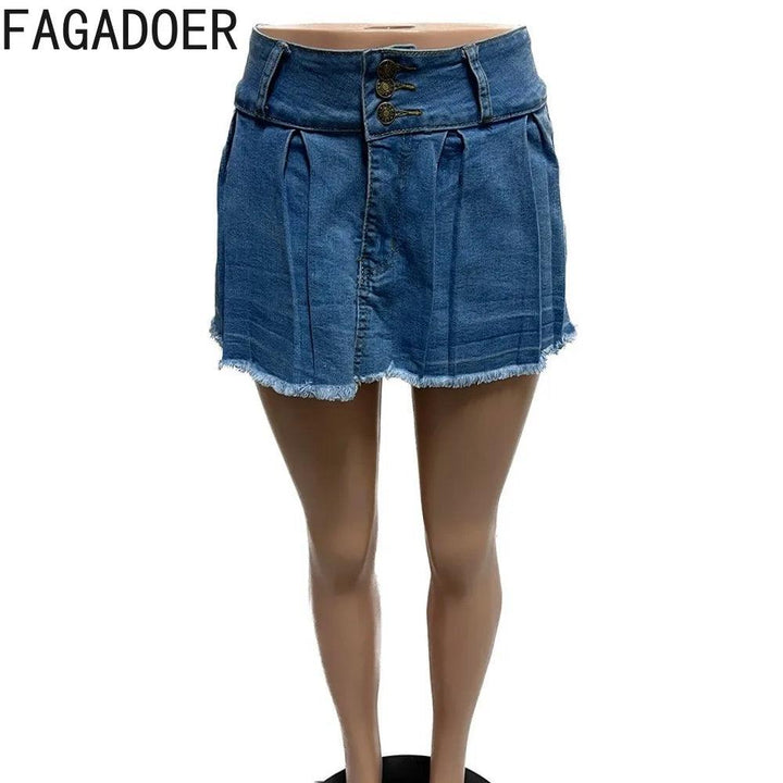 FAGADOER Fashion Y2K Cute Pleated Denim Skirts Women High Waisted Button Mini Shorts Skirts Summer New Retro Matching Bottoms-THAT FASHION STORE