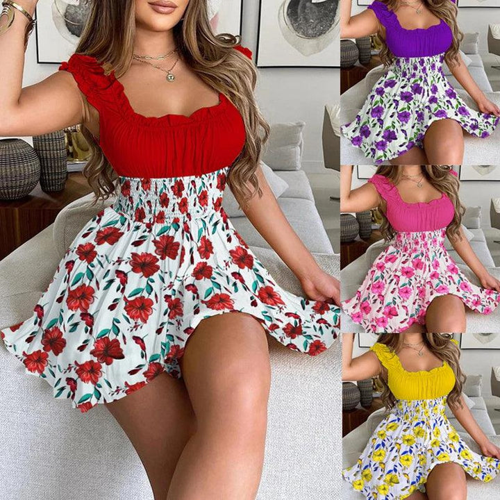 Women Casual Round Neck Sleeveless Ruffles Mini Dress Boho Flower Print Beach Sundress Oversized Loose Dress Summer-THAT FASHION STORE