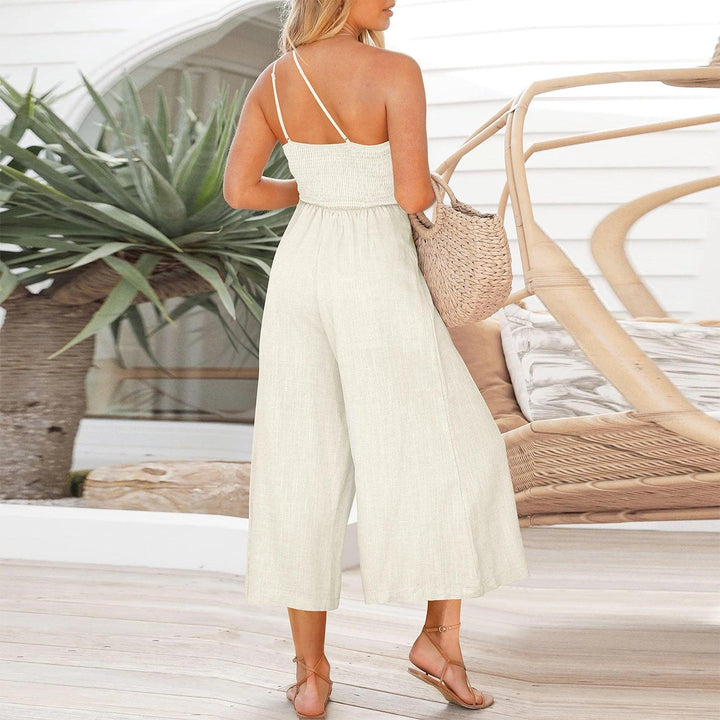 Women High Waisted Romper Solid Color Pleated Backless Romper Casual Parachute Jumpsuit Sleeveless Cami Romper Aesthetic Outfits-THAT FASHION STORE