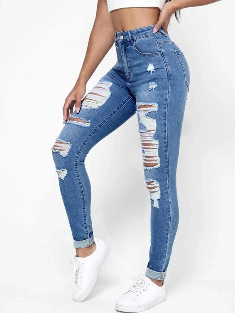 Ripped Holes Casual Skinny Jeans Autumn, Slash Pockets Distressed Single-Breasted Button Mid Waist Denim Pants-THAT FASHION STORE