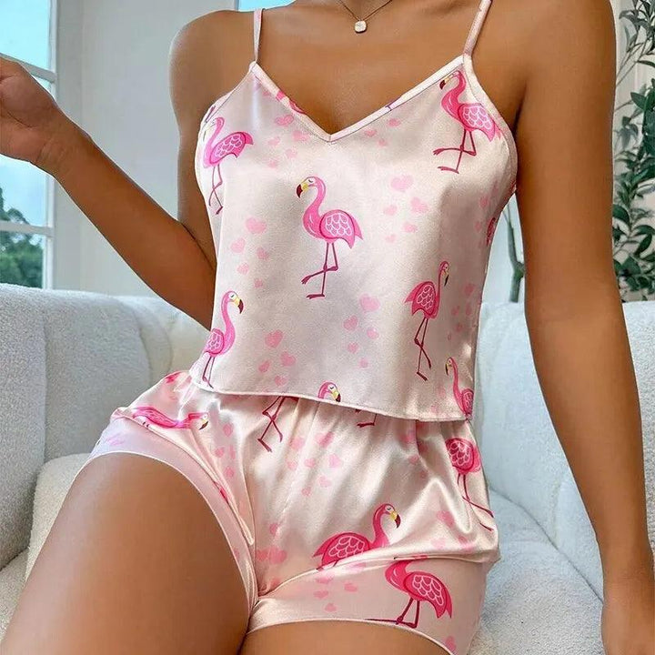 Women's Cute Flamingo Print Satin Pajama Set - V Neck Cami Top and Elastic Shorts for Comfortable Sleep and Lounging Homewear-THAT FASHION STORE