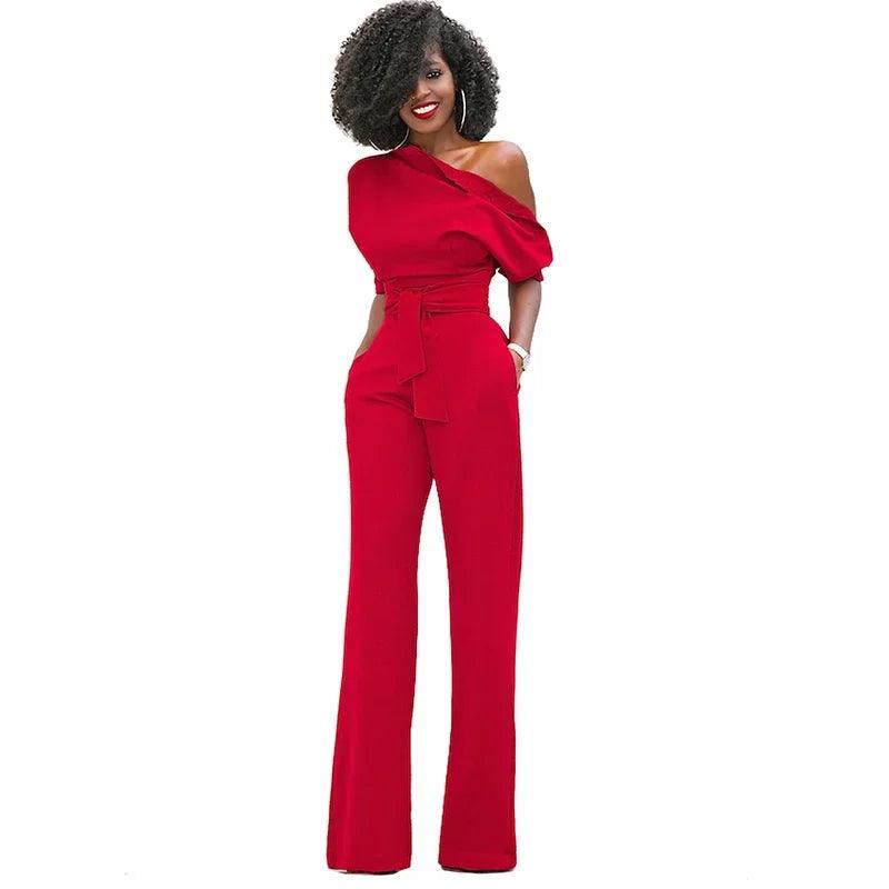 Customized High Quality Autumn Casual Jumpsuit One Shoulder Slash Neck Button Romper Full Length Jumpsuit Wide Legs Jumpsuit-THAT FASHION STORE