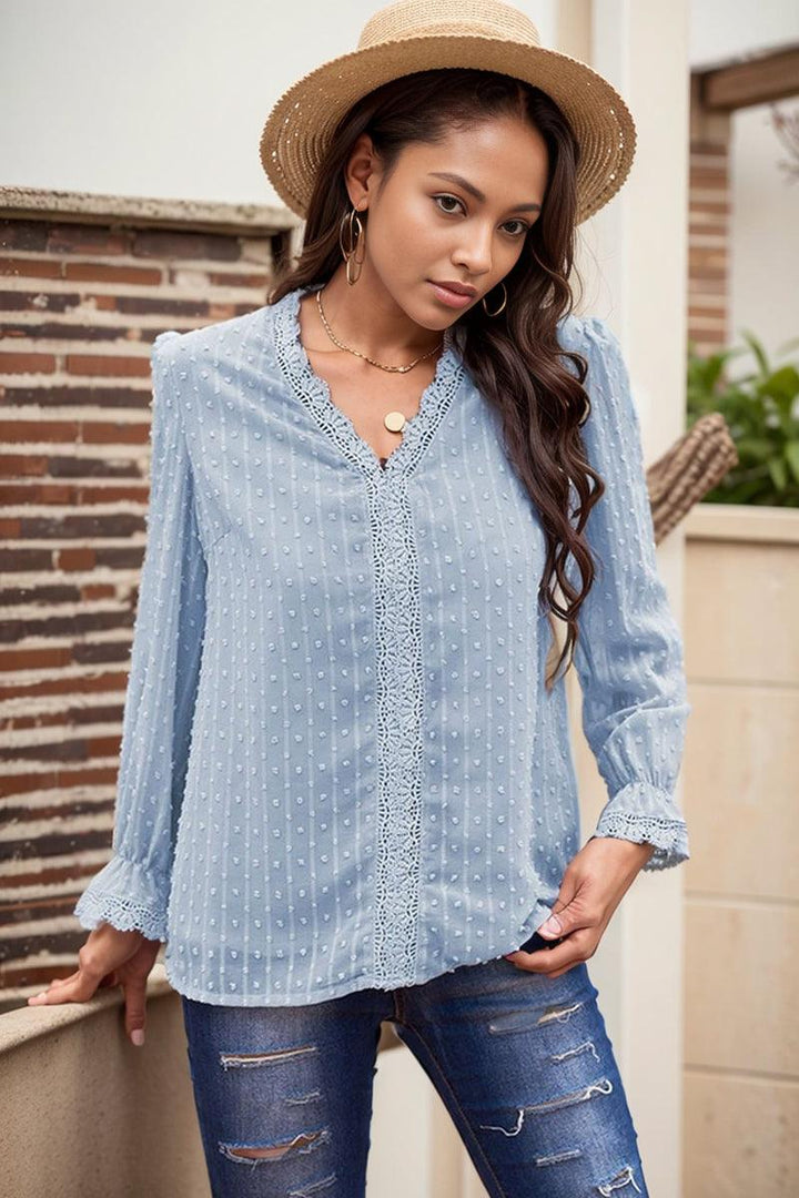 2024 Summer New Arrival Long Sleeves Thin Lace Shirt Women Fashion Loose Pullover Deep V Neck Solid Color Casual T-shirt Tops Women-THAT FASHION STORE