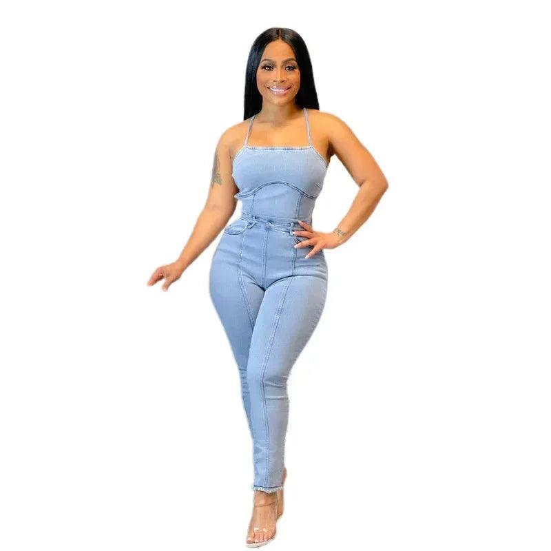 Women 2023 Sling One Piece Sleeveless Slim Fit Backless Denim Jumpsuits High Waist Sexy Sheath Overalls Long Pants Rompers-THAT FASHION STORE