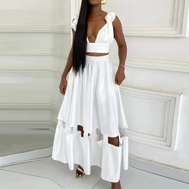 Chic Solid Color V-Neck Strap Top and Ankle-Length Skirt Set for Women - Stylish Hollow Pleated Summer Outfit - THAT FASHION STORE