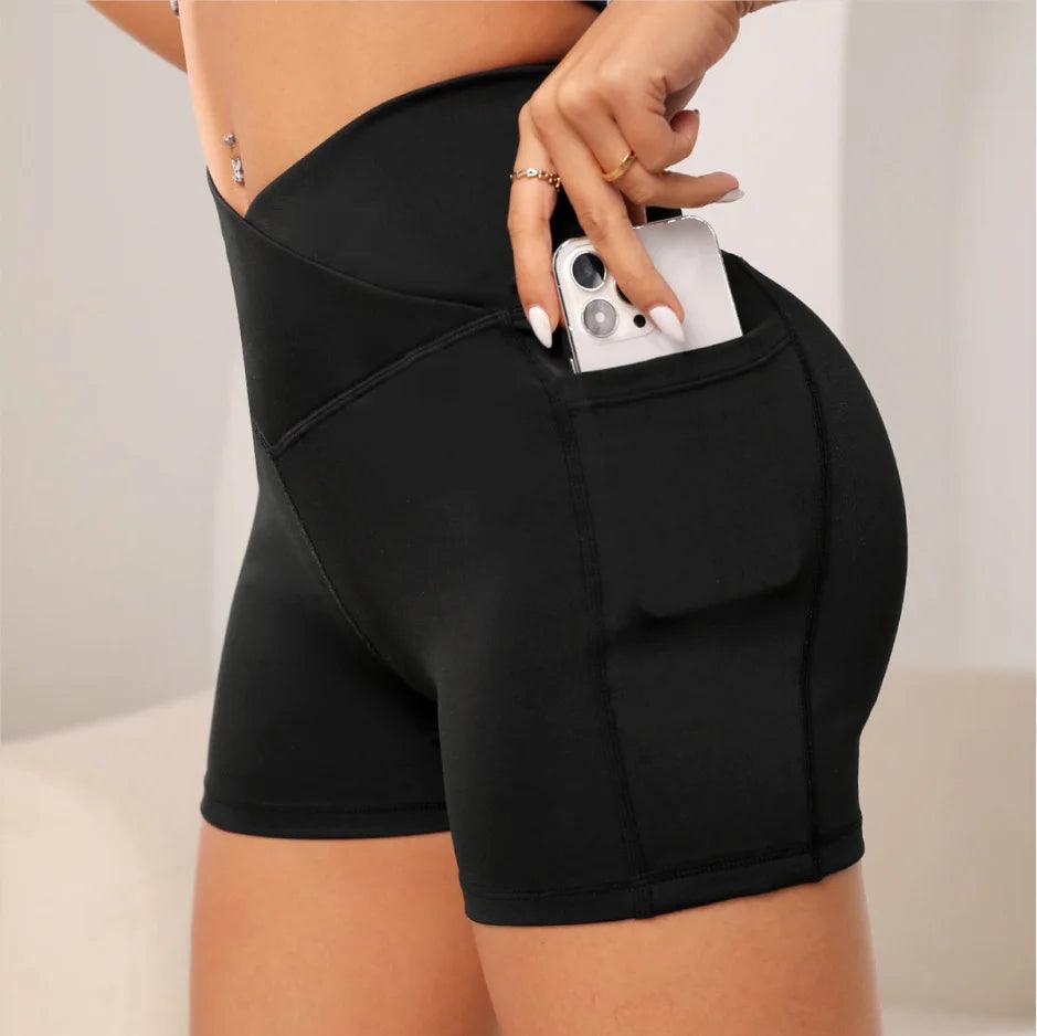 Women High Waist Yoga Sport Biker Shorts for Fitness Cross Waist Pocket Yoga Pant-THAT FASHION STORE