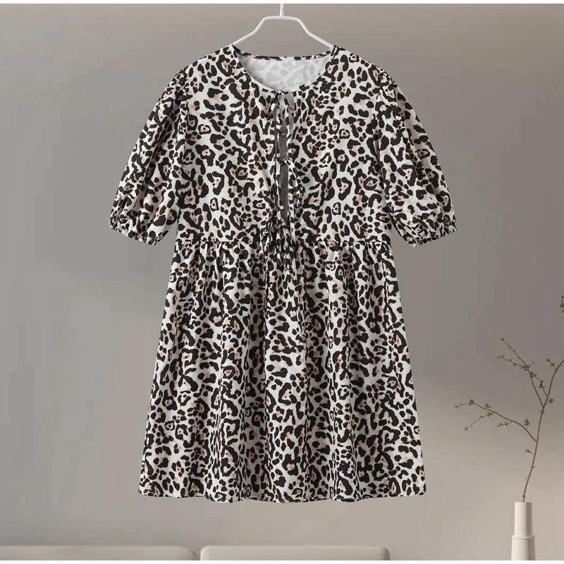 Leopard Print Bow Lace Up Dress Women Loose Hollow Out Short Lantern Sleeve Female Dresses 2024 Summer Fashion Lady Robe-THAT FASHION STORE