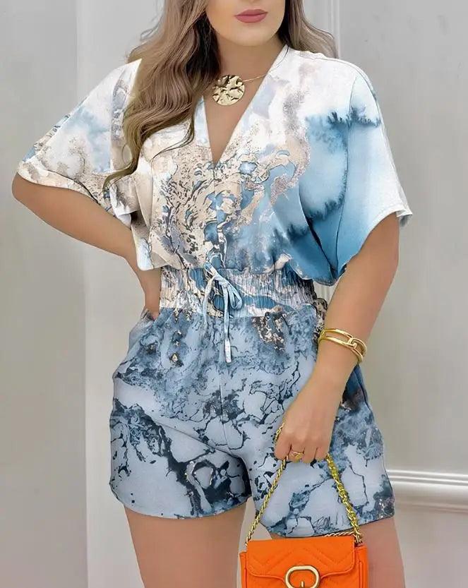 Jumpsuit Women 2023 Summer Fashion Batwing Sleeve Shirred Waist Casual Plain V-Neck Short Sleeve Above Knee Romper Streetwear-THAT FASHION STORE