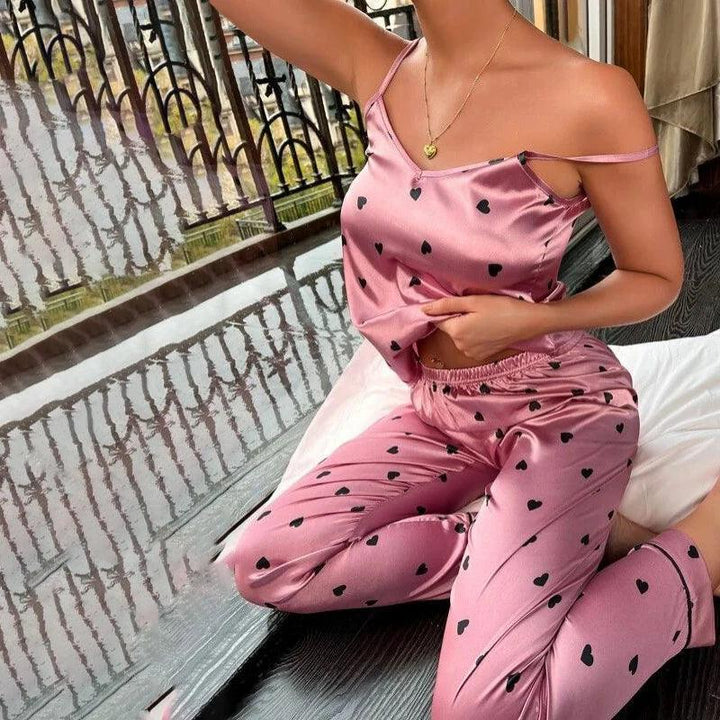 Women Satin Silk Pajamas Sets Letter Print Cami Vest Shirt With Trouser Sleepwear Ladie Sexy Pajama Lingerie Pyjamas Nightwear-THAT FASHION STORE