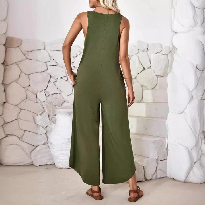 Women Jumpsuits Overalls V Neck Sleeveless Rompers One Piece Loose Wide Leg Pants Ankle Length Solid Pockets High Street-THAT FASHION STORE