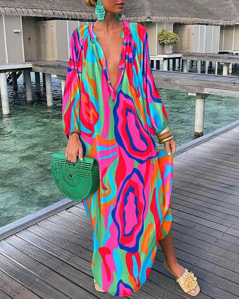 Elegant Women's Dresses 2023 Summer Casual Fashion Print V-Neck Loose Retro Comfortable Maxi Dress Female Robe S-XXXL-THAT FASHION STORE