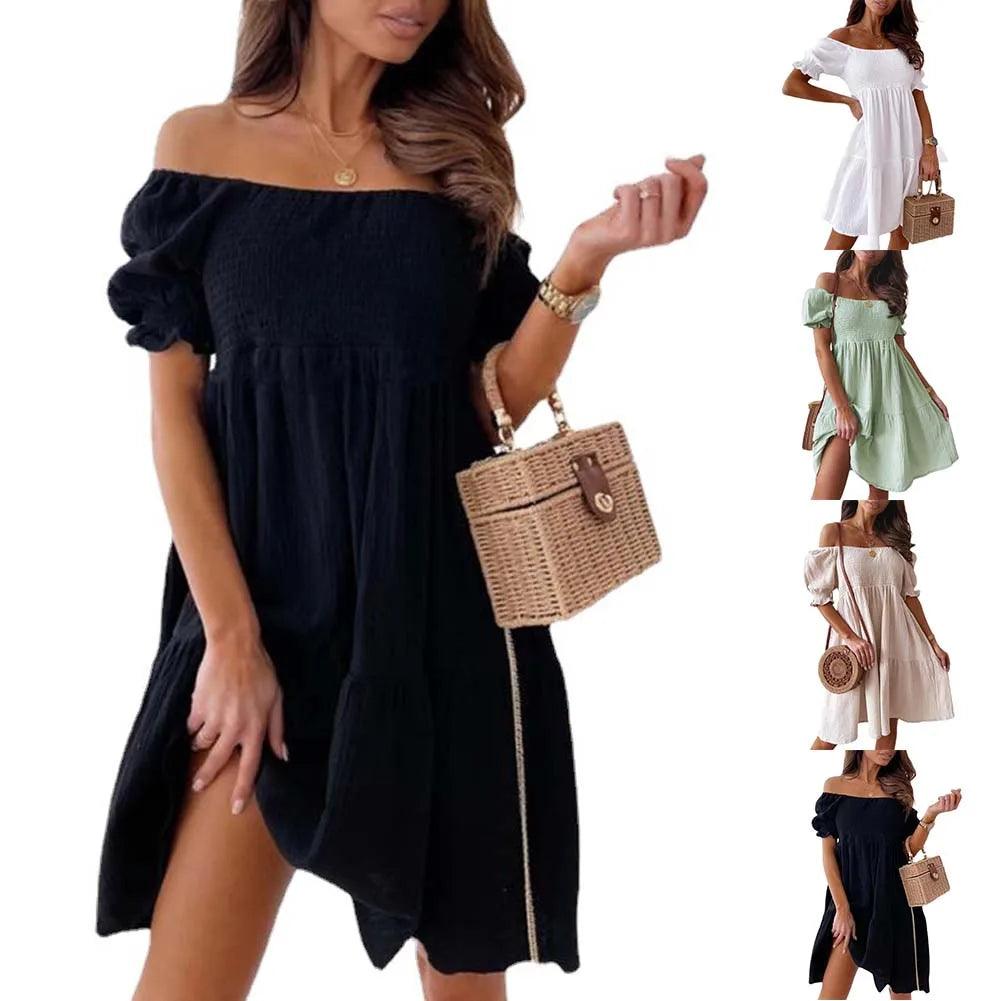 Women Sexy Dress Summer Ladies Beach Swing Off Shoulder Sundress Soild Casual Loose Pleated A-line Sun Dress-THAT FASHION STORE