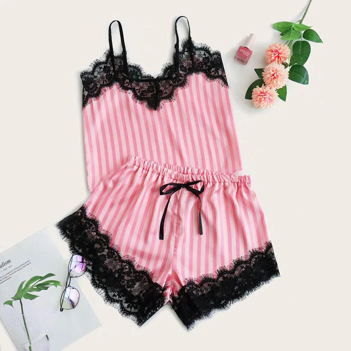 New Lace Sexy Women Pajama Suit Fashion V-Neck Stretch Satin Lace Sexy Lingerie Bowknot Pyjamas Sleep Shorts Set Sleepwear 2PCS-THAT FASHION STORE