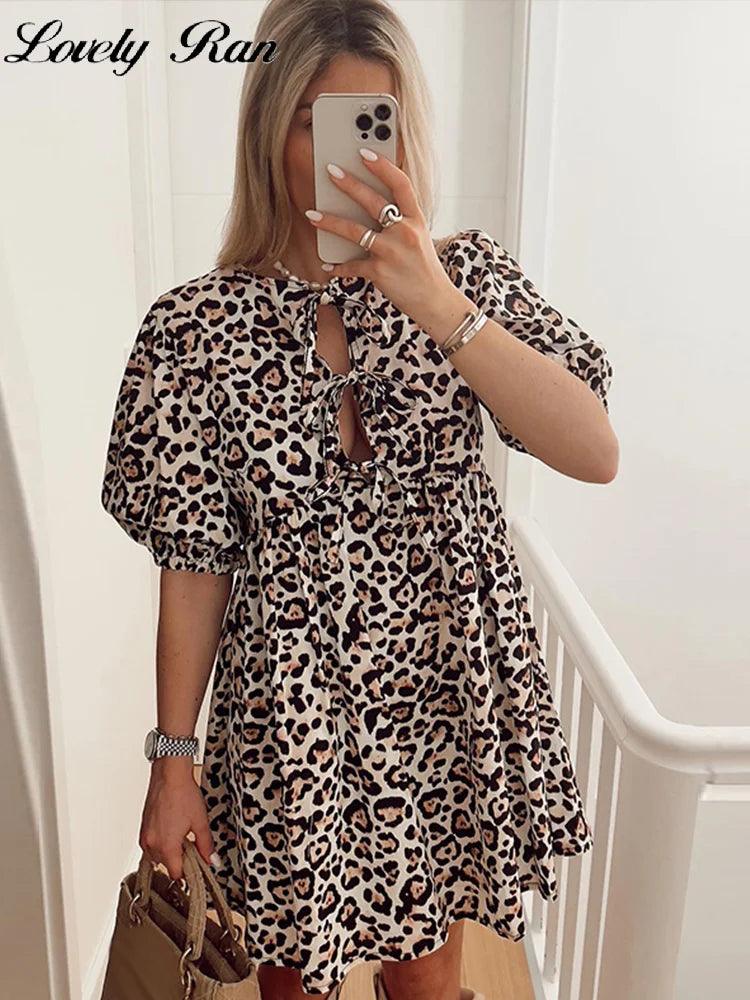 Leopard Print Bow Lace Up Dress Women Loose Hollow Out Short Lantern Sleeve Female Dresses 2024 Summer Fashion Lady Robe-THAT FASHION STORE