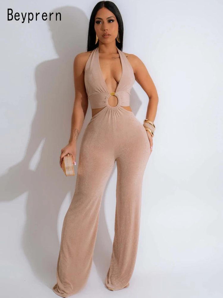 Beyprern Fashion Halter Neck O-Rings Wide Legs Jumpsuits One Piece Outfits Women's Hollow Out Night Out Rompers Overalls-THAT FASHION STORE