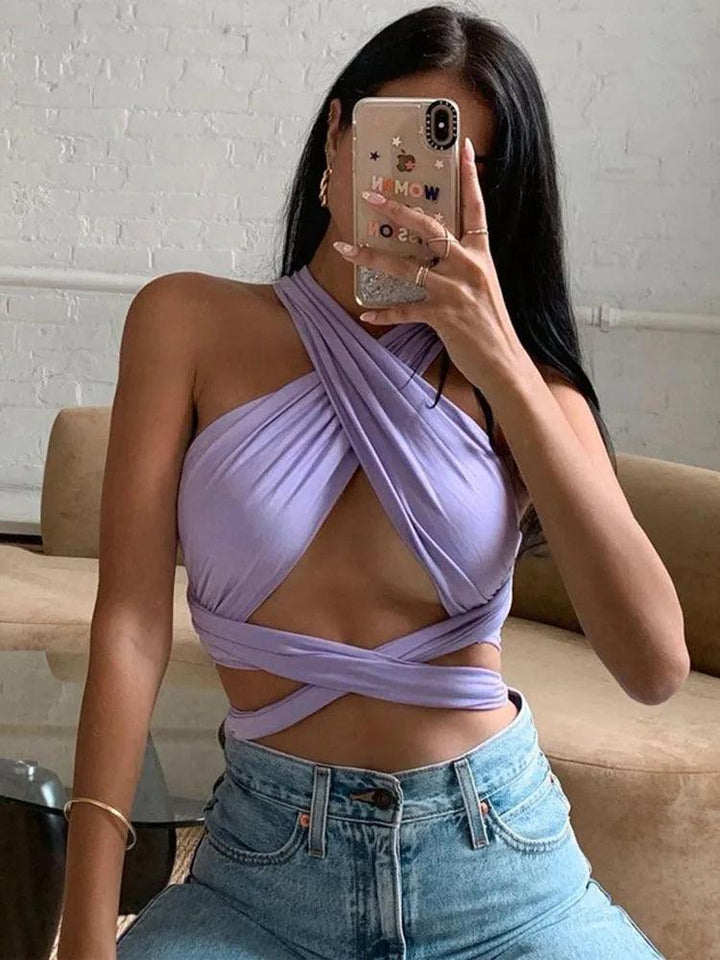 Women Strappy Cross Over Front Cut Out Halter Neck Sleeveless Backless Wrap Crop Top Bandage Vest Summer Sexy Tops Woman Clothes-THAT FASHION STORE