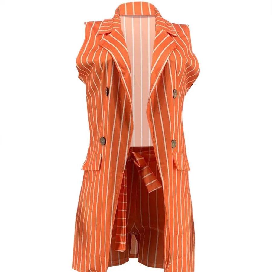 LW Plus Size Woman Clothes Office Lady Two-Piece Striped Bandage Design Small Suit Vest Jacket + Shorts Set (Without T-shirt)-THAT FASHION STORE