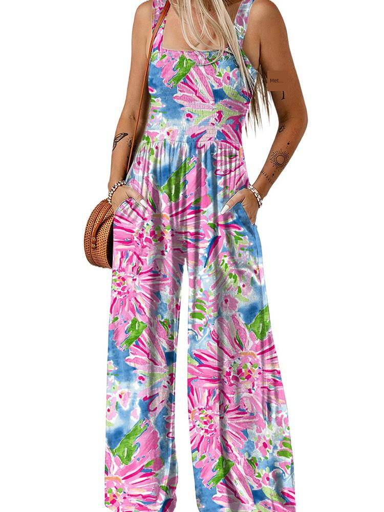 Fashion Smocking Thin Print High Waist Jumpsuit-THAT FASHION STORE