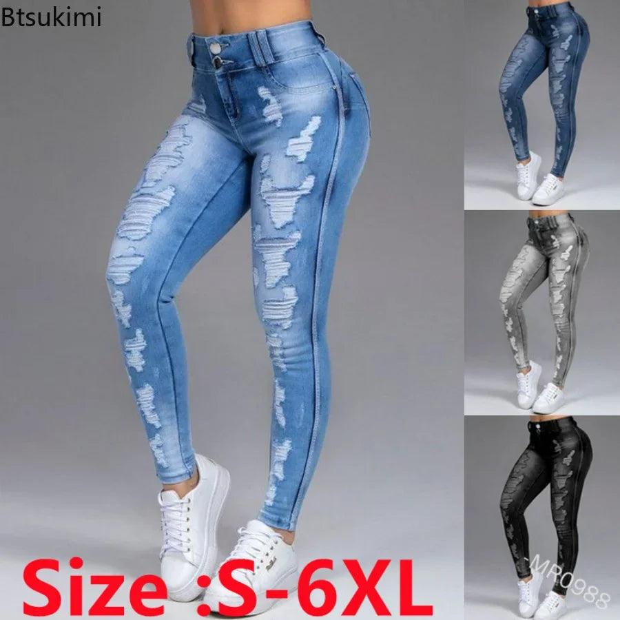 Plus Size Women Vintage Mid Waist Skinny Jeans Distressed Denim Pants Pencil Pants Casual Jeans Woman-THAT FASHION STORE