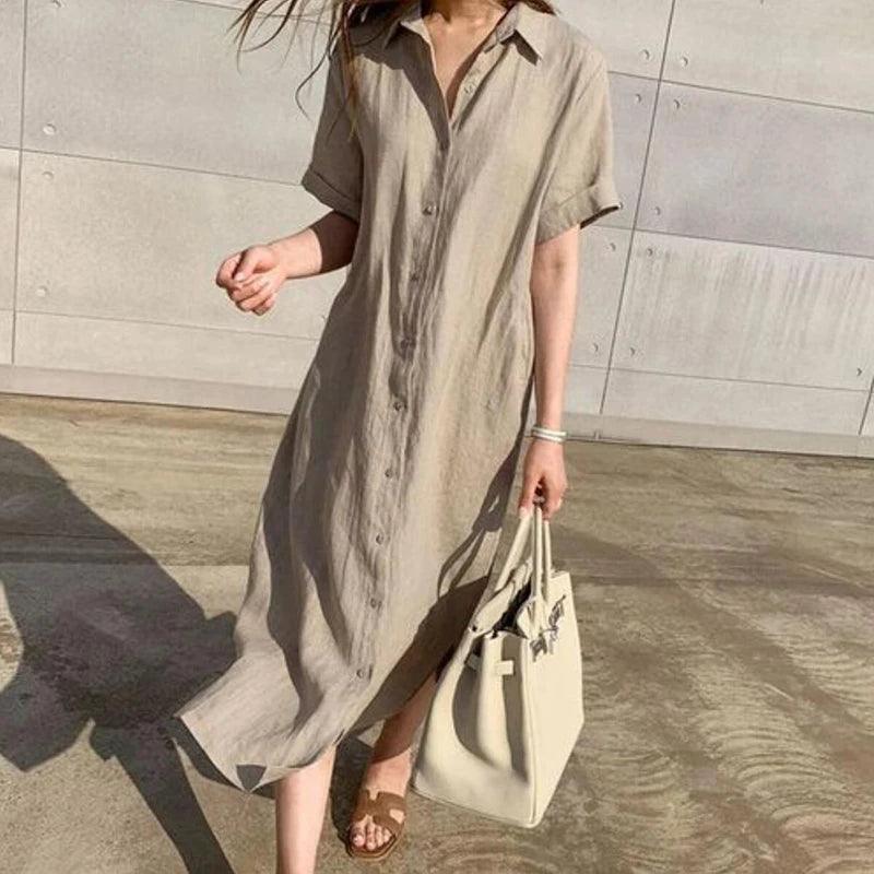 Summer Cotton and Linen Long Dress Fashion New Polo Neck Single Breasted Shirt Dress Casual Simplicity Loose Lace-up Vestidos-THAT FASHION STORE