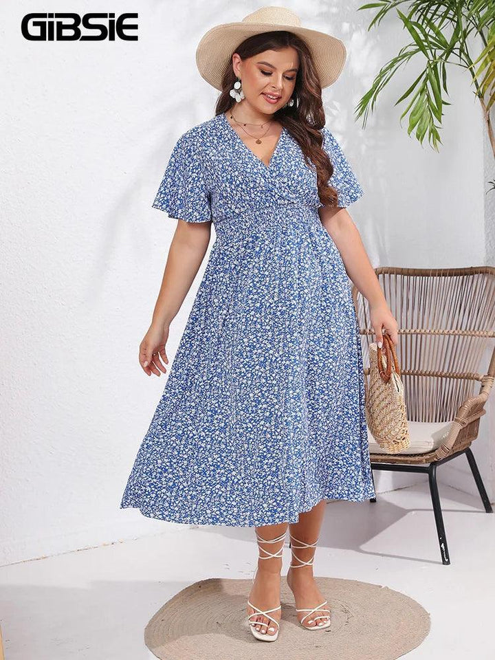 GIBSIE Plus Size Ditsy Floral V-Neck Boho Long Dress Women Summer Short Sleeve High Elastic Waist Holiday A-Line Dresses 2023-THAT FASHION STORE