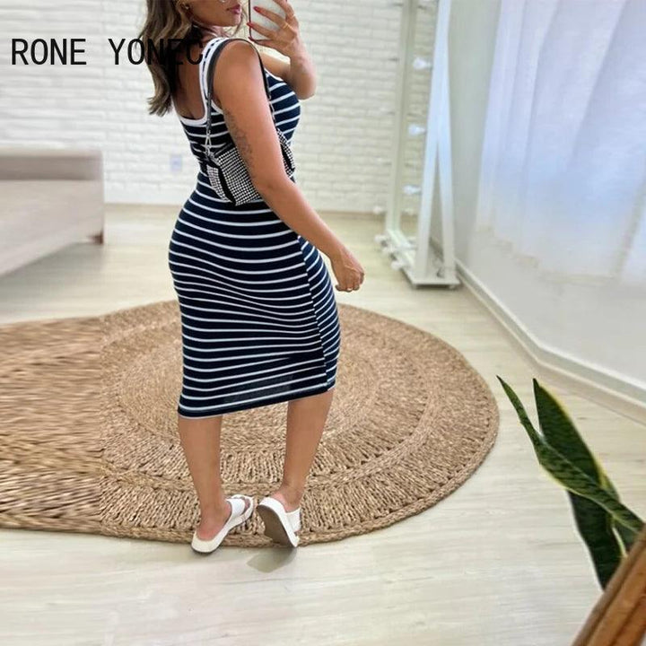 2024 Women Casual Tank Striped Pattern Sleeveless Midi Skinny Sexy Dress-THAT FASHION STORE