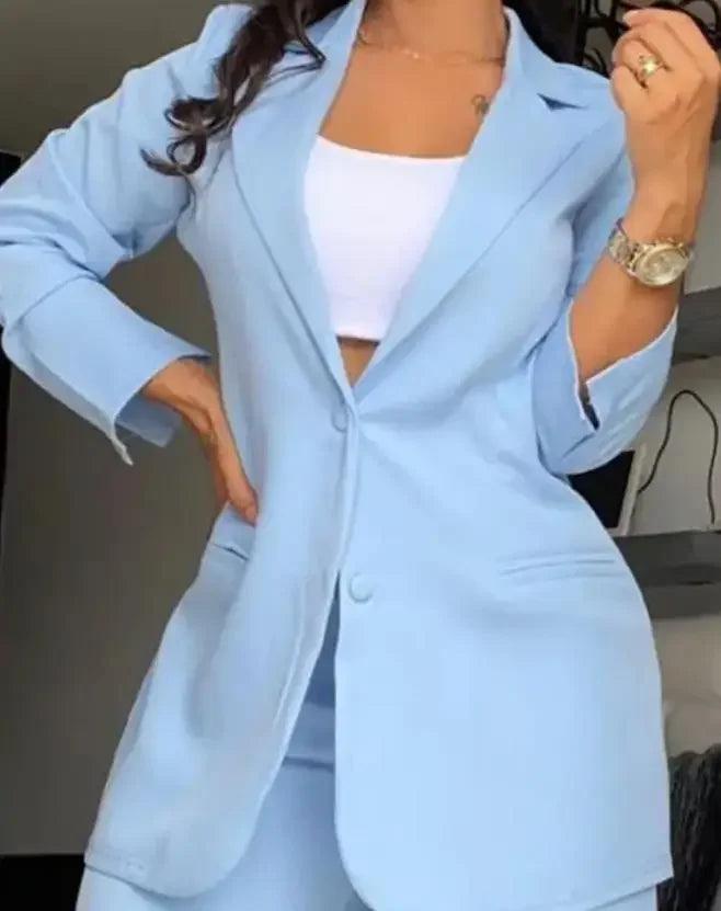 Two Piece Set Women Outfit 2024 Autumn Fashion Notched Collar Long Sleeve Blazer Coat & Elegant Pocket Design Work Pants Set-THAT FASHION STORE