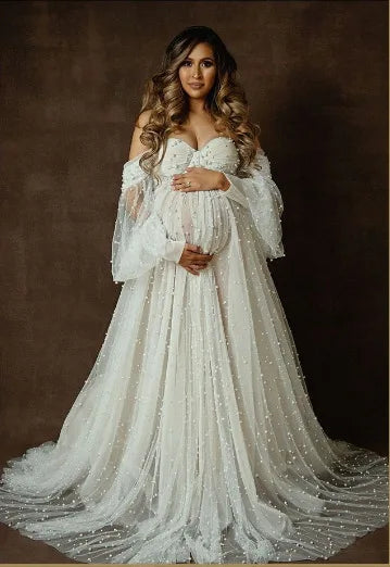 Maternity Photography Props Dress Dense Pearl White Yarn Maternity Photography Clothing Babyshower Gown Photo Shoot Pregnant-THAT FASHION STORE