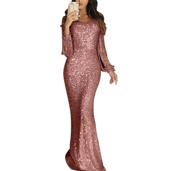 Elegant Ladies Vestidos Plus Size Chic Women Tassel Lantern Sleeve Sequined Tassel Long Sleeve V Neck Bodycon Party Maxi Dress-THAT FASHION STORE