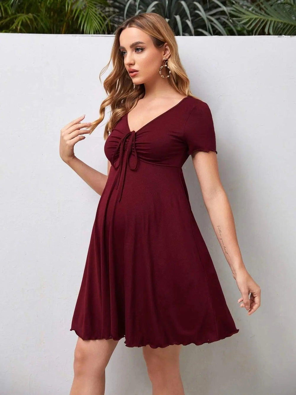 Maternity Drawstring Dress Maternity Clothes Summer Casual Pregnant Women Short Sleeve V-Neck Dress Vestidos Pregnancy Clothing-THAT FASHION STORE