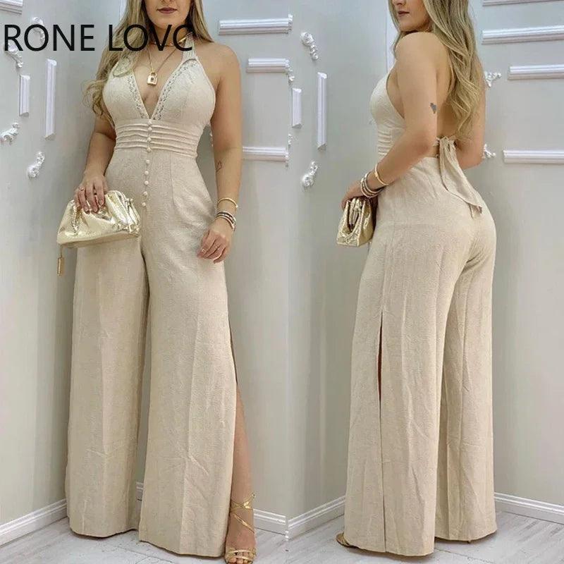 Women Jumpsuits Lace Trim Buttoned Backless Slit Jumpsuit V Neck Jumpsuit-THAT FASHION STORE