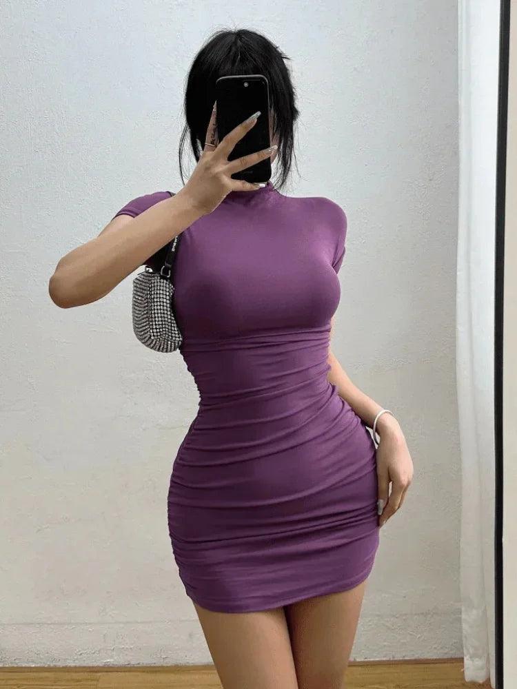 Women Fashion Mini Dress Summer Vintage Half High Collar Short Sleeve Female Sexy Dresses Bodycon Vestidos Mujer-THAT FASHION STORE