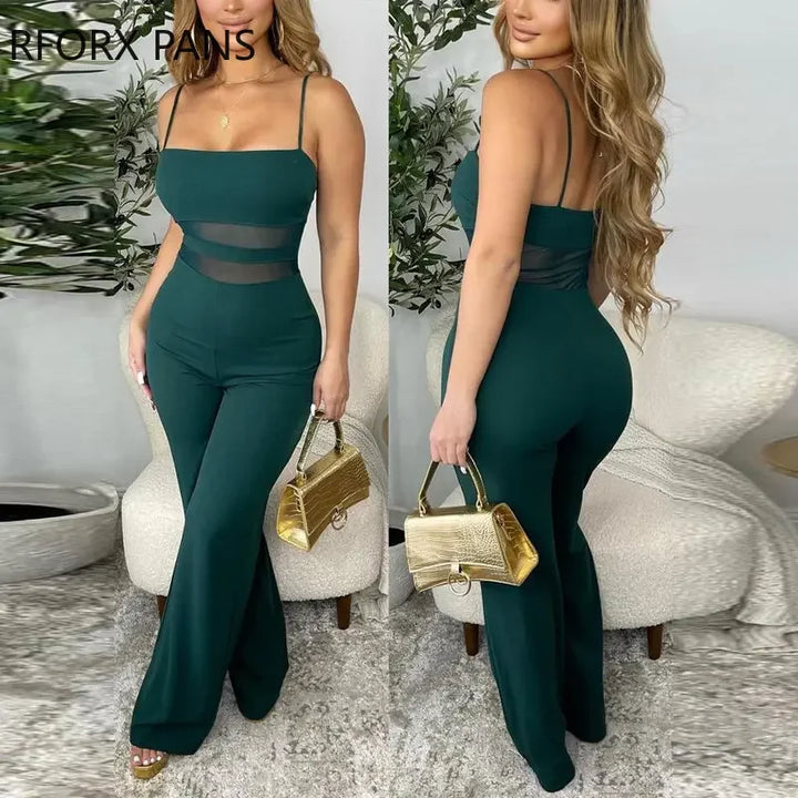 Women Elegant Solid Spaghetti Straps Sleeveless Contrast Mesh Patch Sexy Straight Leg Jumpsuits - THAT FASHION STORE